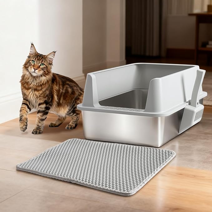 Stainless Steel Litter Box with Lid, XL Metal Litter Box 2 Pack | Extra Large Cat Litter Boxes for Big/Multiple Cats, High Sided, Easy Cleaning, No Smell, Includes Scooper and Mat