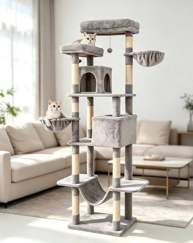Cat Tree, 81-Inch Tall Cat Tower with Scratching Post, Plush Multi-Level Cat Condo with 2 Perches, 2 Caves, 2 Basket, Hammock for Indoor Cats Light Grey