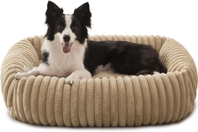 FURTIME Dog Beds Large Sized Dog, Washable Orthopedic Pet Bed with Removable Cover, Rectangle Soft Calming Sleeping Puppy Bed Durable Pet Cuddler with Anti-Slip Bottom, Beige, L(36"x27"x8")
