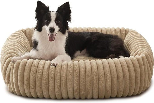 FURTIME Dog Beds Large Sized Dog, Washable Orthopedic Pet Bed with Removable Cover, Rectangle Soft Calming Sleeping Puppy Bed Durable Pet Cuddler with Anti-Slip Bottom, Beige, L(36"x27"x8")