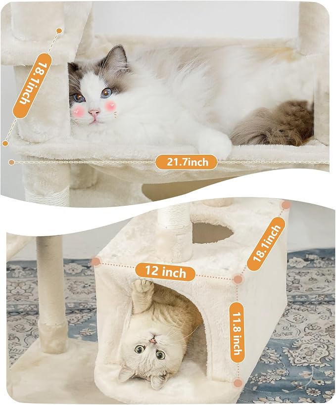 64 Inches Multi-Level Large Cat Tree Tower with Cat House for Indoor Cats/Cozy Perches/Cat Condo/Sisal Scratching Posts/Hammock/Cat Activity Center Play House/Wide Base