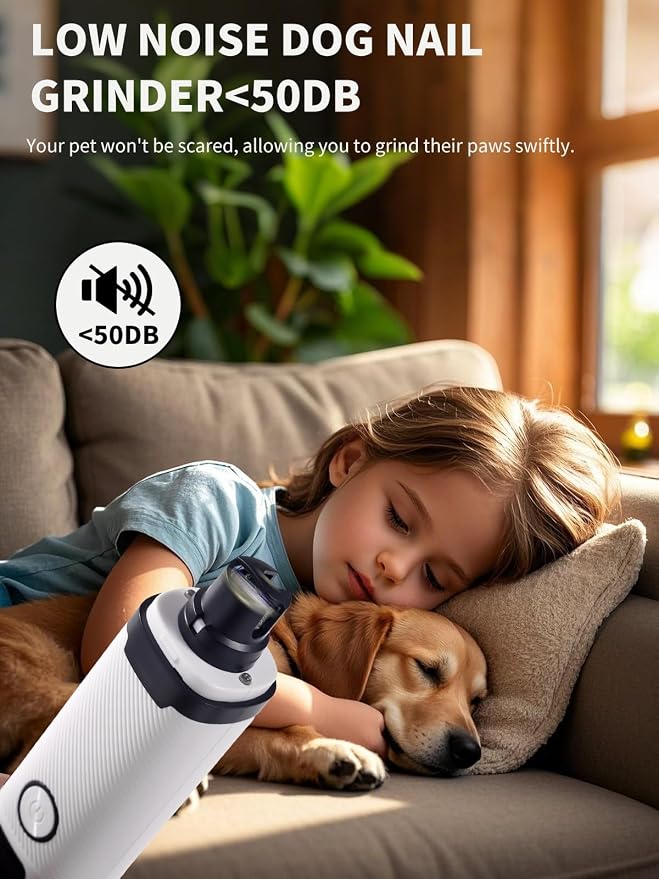 Electric Dog Nail Grinder for Small Medium Large Breeds with LED Lights | Diamond Grinding Heads, 3-speed Adjustable, Pain-Free, Ultra-Quiet below 50dB, 8 Hours Long-Lasting, USB Fast Charging