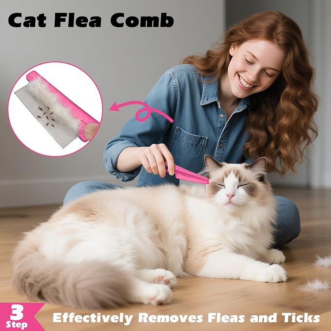 3PCS Cat Grooming Supplies, Cat Brush & Nail Clipper/Trimmer & Flea Comb for Shedding Indoor Cats Essentials Stuff Accessories (Pink)