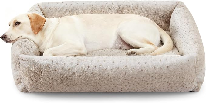 JOEJOY XL Dog Beds Large Sized Dog, Removable Washable Cover Orthopedic Soft Faux Rabbit Fur Pet Bed, Anti-Slip Fluffy Plush Faux Rabbit Fur Puppy Bed, 42"x36"x9", Leopard Print, Beige