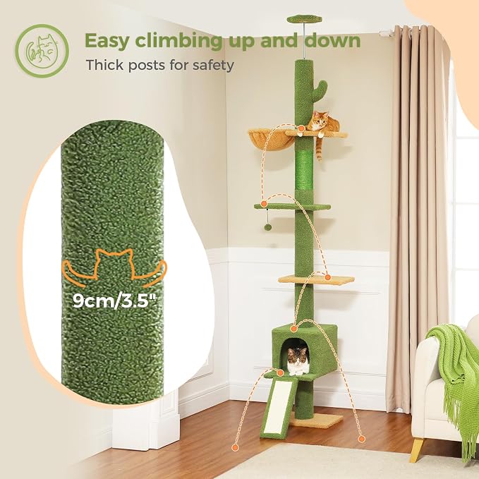PEQULTI Floor to Ceiling Cat Tree, Adjustable 83-108in 5-Level Tower, Green | Tension-mounted tall cat tower with 5 levels, cozy condo, hammock & sisal scratching post; wide base for indoor adult cats