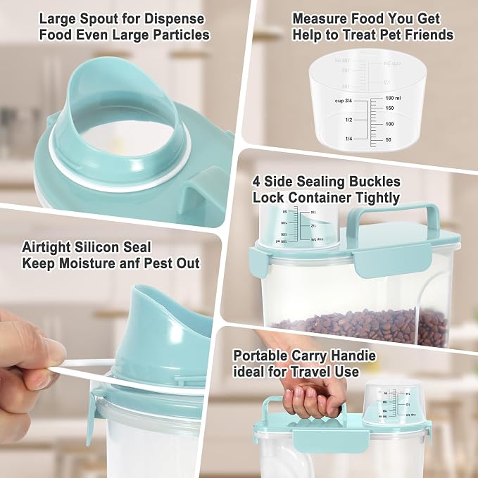 Dog Cat Food Storage Container with Cup (Light Blue, 5L) | Pet Food Pourable Container Airtight with Large Spout, BPA-Free Plastic Food Dispenser for Pet Food, Bird Seed, Rice, Flour