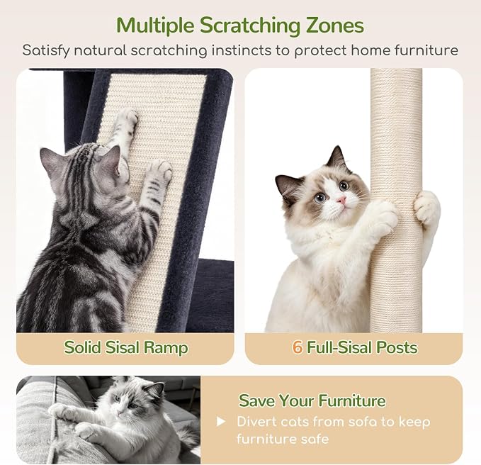 Globlazer 77in Cat Tree Tower for Indoor Cats Large Adult, F77, Dark Grey | Heavy Duty Multi-level Climbing Tower with 6 Scratching Posts & Board, 2 Roomy Condos, 2 Padded Perches, 3 Sturdy Baskets
