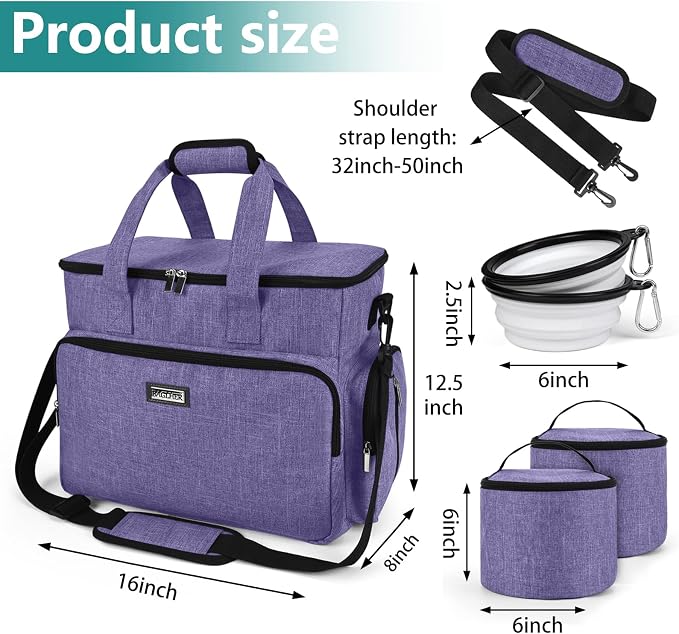 BAGLHER Dog Travel Bag, Airline Approved Pet Tote Organizer with Multi-Function Pockets, 2 X Food Storage Containers and 2 X Collapsible Bowls, Perfect Weekend Pet Travel Set for Dog, Cat Purple