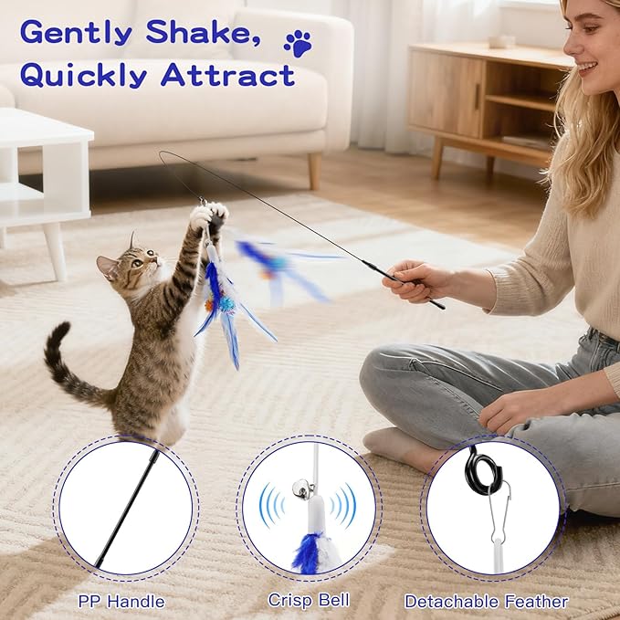 Pawaboo Feather Teaser Cat Toy, Interactive Feather Wand Cats Toy Flying Feathers Cat Catcher with Extra Long 34.5" Wand and Small Bell, Exerciser Playing Toys for Kitten or Cats, Blue