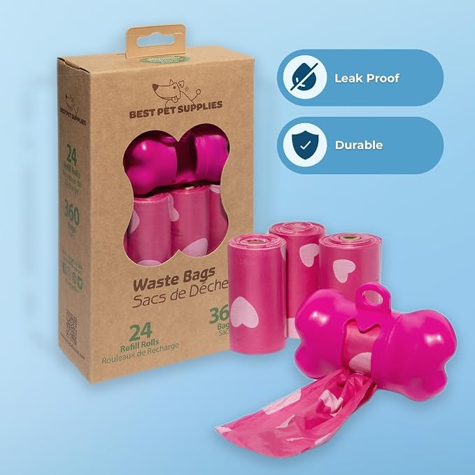 Best Pet Supplies Dog Poop Bags for Waste Refuse Cleanup, Doggy Roll Replacements for Outdoor Puppy Walking and Travel, Leak Proof and Tear Resistant, Thick Plastic - Pink Heart, 360 Bags