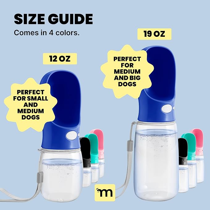 MalsiPree Dog Water Bottle Dispenser - 12 oz Navy Blue, Leak-Proof | 12oz leak-proof bottle & bowl - one-hand use - Use for dog walks, travel, hiking, park & beach days