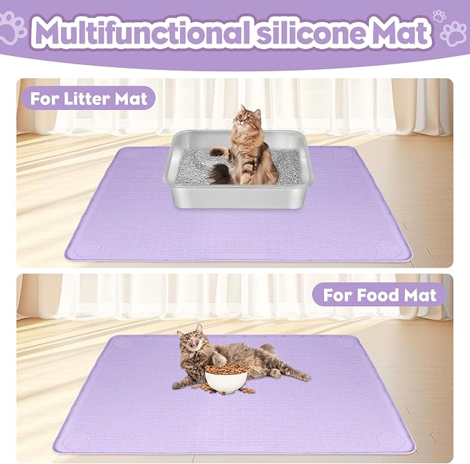 Silicone Cat Litter Mat for Litter Box 34”x22” Large Cat Mat, Purple | Waterproof, Non-Slip, Leak-Proof Rug Mat with Lip, Easy to Clean, Extra Large Litter Catcher Mat for Floor