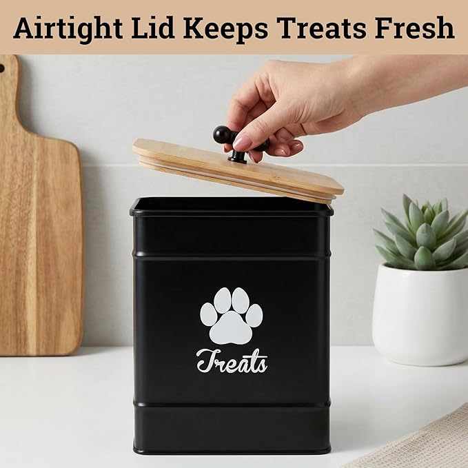 Dog Treat Container Airtight - 6 Inch Wide x 8 Inch Tall Iron Dog Treat Jar for Kitchen Counter with Airtight Bamboo Lid - 12 Cup Capacity Pet Treat Container - Doggie Cookie Jar - Big Treats Canister