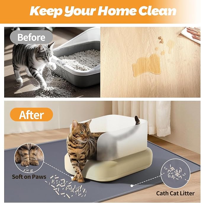 Cat Litter Mats,51"x25.6"Extra Large Silicone Cat Mat for Litter Box | Kalolary Easy to Clean Kitty Litter Trapping Mat,Soft on Kittys Paws,Waterproof, Urine-Proof Kitty Litter Mats for Floor,Grey