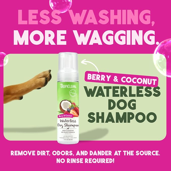 TropiClean No Rinse Waterless Dog Shampoo, Berry & Coconut Scent, 7.4oz
