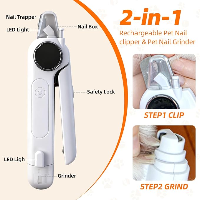 Dog Electric Nail Clippers & Grinder with Light, Quiet Cats Nail Trimmer | Large Medium Small Dogs & Cats - Painless Grooming Tool, 3 Speeds, Rechargeable, Splash Guard & Safety Lock(White)