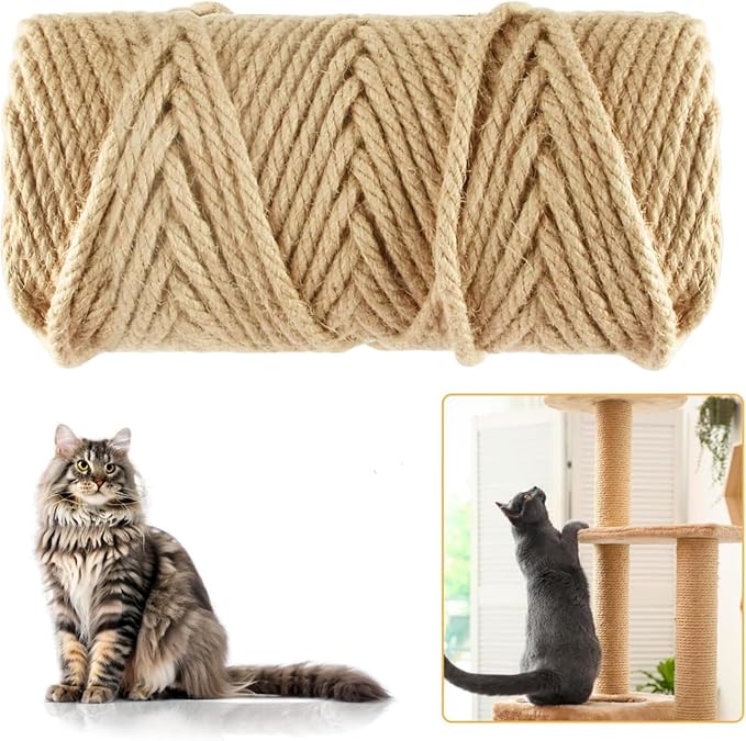 229FT/70M Natural Sisal Rope for Cat Scratching Posts, 6mm Thick Jute Hemp Cat Rope for Cat Tree Replacement, Cat Scratch Post Repair, DIY Projects, and Furniture Wrapping