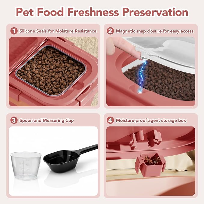 Summark 15 Lbs Dog/Cat Food Storage Container,Collapsible Food Storage Containers with Rolling Wheel Airtight Locking Lid,Pet Food Storage Container with Cup and Scoop,Pink