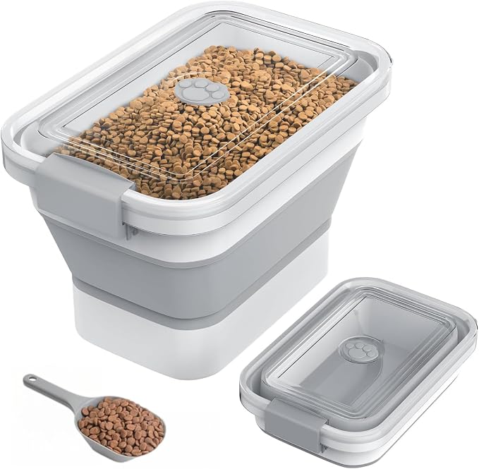 10-13Lbs Airtight Dog Food Storage Container,Collapsible Dog Food Container | Clear Pet Food Storage Container with Double Airtight Seal for Freshness,Cat Food Container One-handed Open,Save Space,Scoop