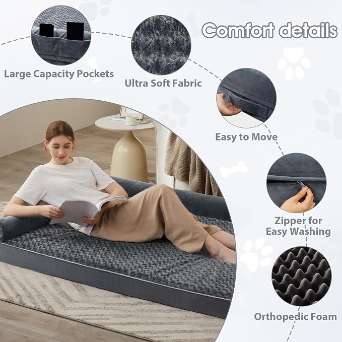BFPETHOME Orthopedic Washable Human Dog Bed for Adult & Dog Cozy Sleep | Human Size Waterproof Big Soft Pet Couch Bed for Adult & Dogs Relax with Removable Cover Supportive Foam Dark Grey 61x43 Inch