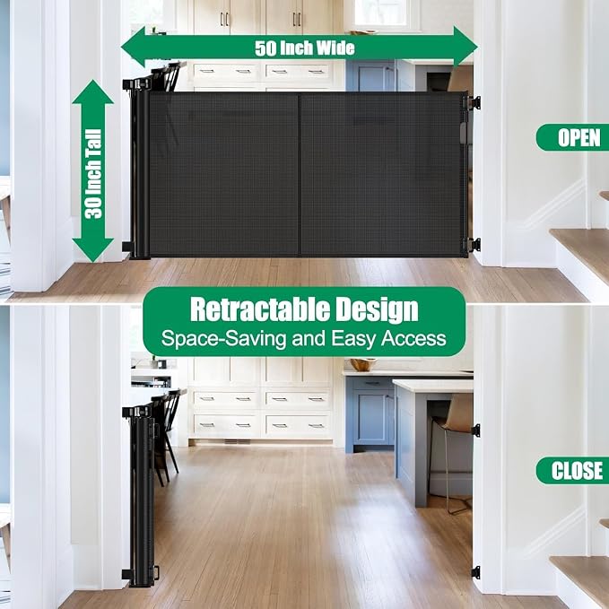 Reinforced 50" Wide Retractable Baby Gate Retractable Dog Gate with Support Rods - Anti-Bottom Crawl, Mesh Gate Retractable Gate Outdoor Retractable Pet Gate Indoor Doorway/Hallway/Stair Gate, Black