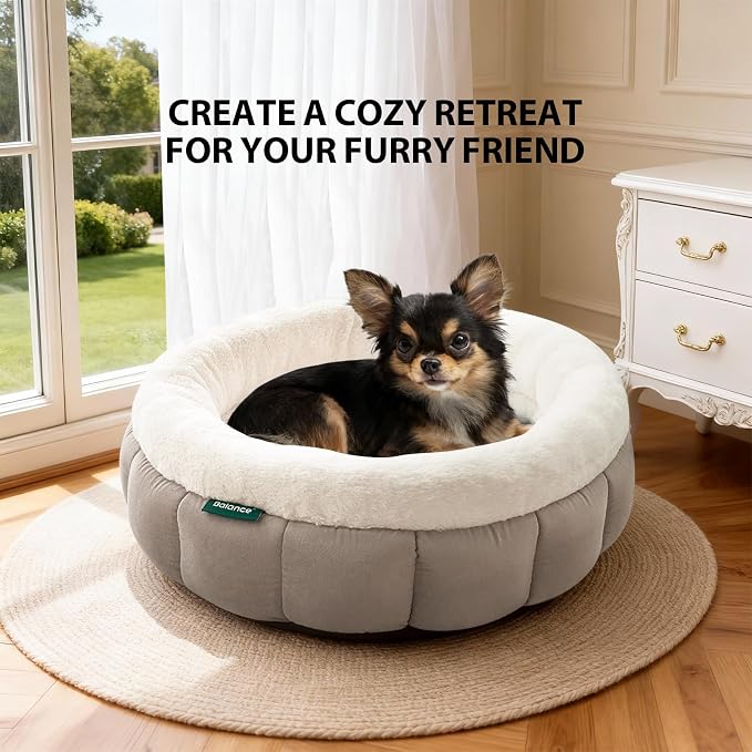 BALANCE Cat Beds for Indoor Cats, Washable Round Cat Bed, Cute Kitten Bed with Anti-Slip Bottom for Kitty and Puppy, 18 Inches, Goat