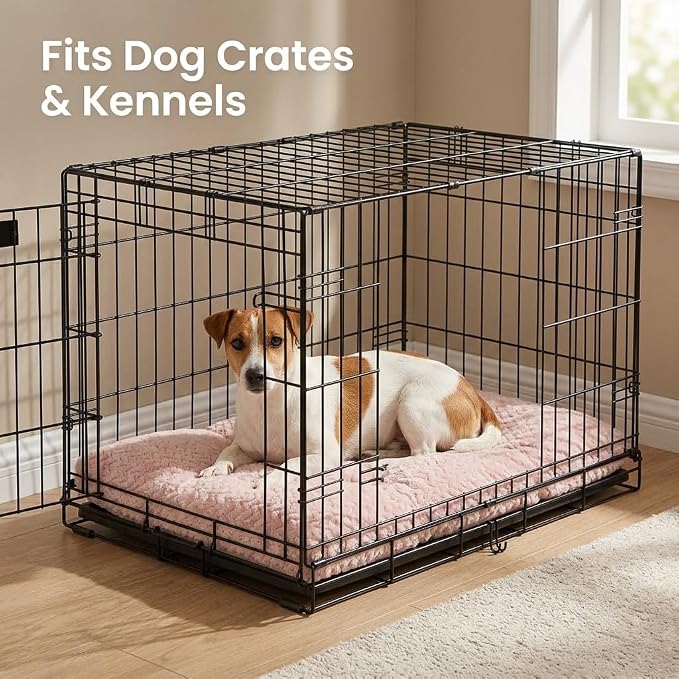 24 Inch Dog Crate Bed for Small Dogs, Washable Dog Crate Pad for Dog Cages, Soft Jacquard Flannel Kennel Mat with Anti-Slip Bottom, Fluffy Crate Mat for Puppies and Small Dogs,Pink