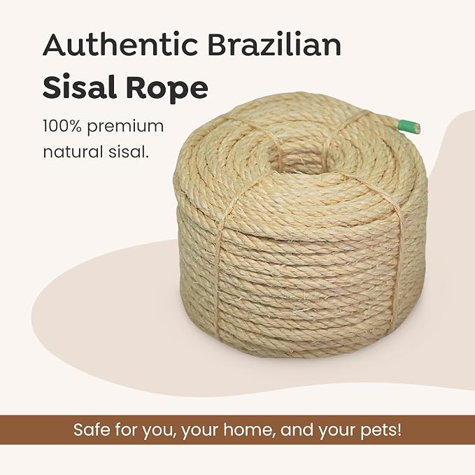 Premium Brazilian Sisal Rope, Natural Fiber 100% Sisal, Ultra Durable, Chemical-Free, Ideal for DIY, Cats, Scratching Post Replacement, Home Decor, Garden, Crafting (1/5” 50 ft / 5mm 15m)
