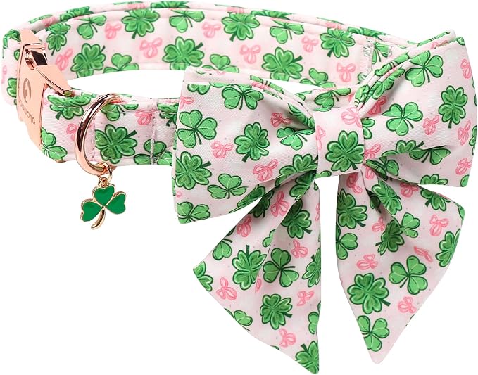 DOGWONG St. Patrick's Day Shamrock Dog Collar with Sailor Bow,Pink Green Four Leaf Clover Pattern Dog Collar, Adjustable Durable Soft Collars Irish Gift for Girl Female Dogs,M