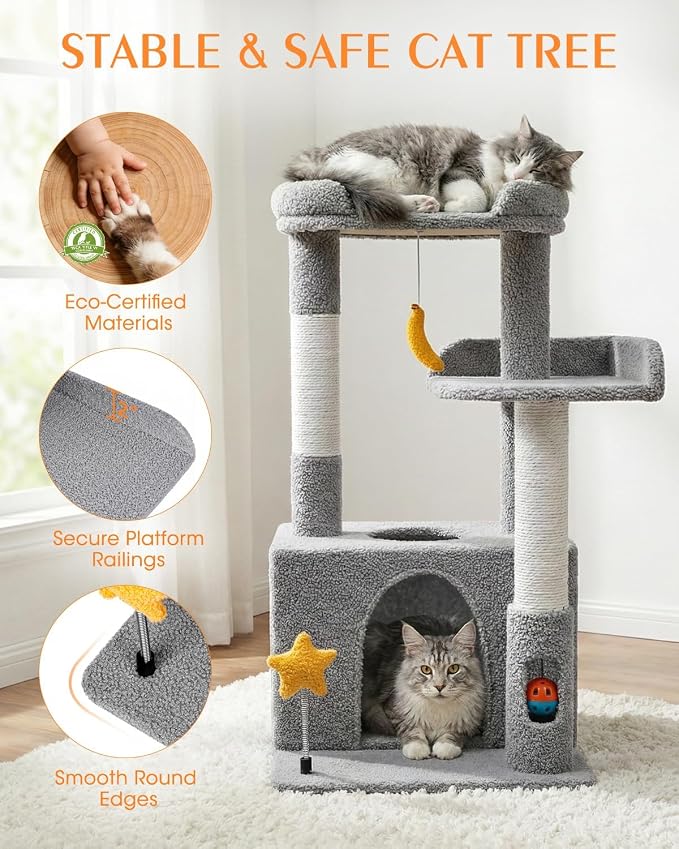 30" Cat Tower for Kittens, Compact Light Gray Cat Tree Indoor | Plush Finish, Cozy Condo, Soft Top Perch, Sisal Scratching Post, Dangling Ball Toy, Anti-Tip Base, for Cats up to 15 lbs