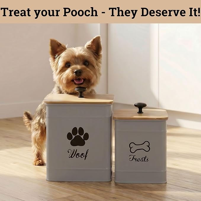 Dog Treat Container Set of 2 with Airtight Bamboo Lids - 8x6 & 7x5 inch | Fits All Popular Treats, Up to 20 Cups Combined Capacity, Airtight Bamboo Lid, Easy Open Lid, Dent-Resistant Durable Metal