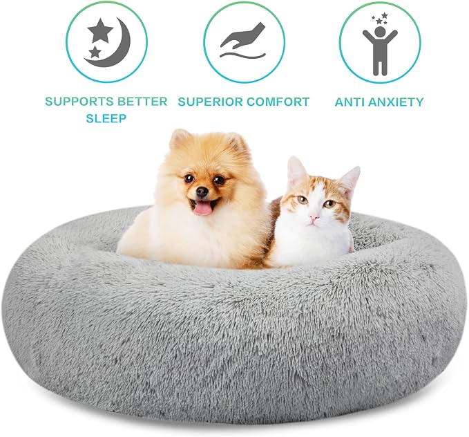 SAVFOX 36 inches Calming Donut Dog Bed - 3X Durable Plush Faux Fur, Machine Washable & Non-Slip, Fits up to 100 lbs, Light Grey