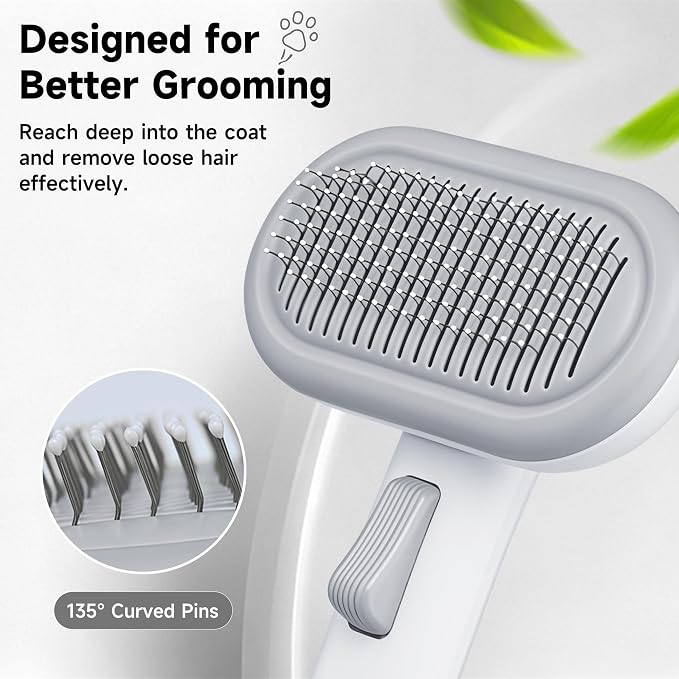 Cat Brush for Shedding for Indoor Cats & Dogs Shedding & Grooming | Self Cleaning Grooming Brush with Release Button, Smooth & Detangling, Grooming Comb for Cats Long & Short Haired Pets, Grey