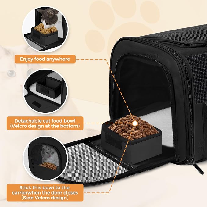 Soft Cat Carrier for Pets Up to 25 lbs, Cat Pet Travel Bag with Padded Shoulder Strap and Detachable Cat Food Bowl, Pet Dog Carriers for Small Dogs and Puppies, Travel Carry, Black