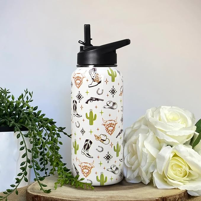 32oz Western Stainless Insulated Aater Water Bottle with Straw,Western Cow Skull Gym Hiking Sports Coffee Mug Cup Water Bottles,Western Cow Skull Cowboy Copper Cowgirl Decor Stuff Accessories