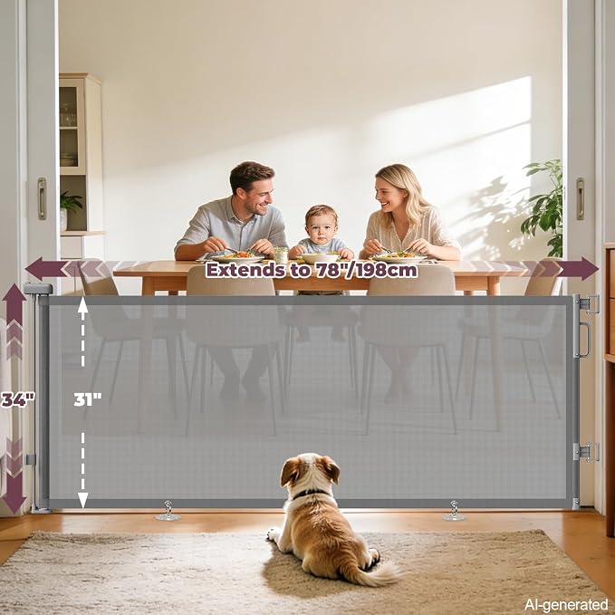 78" Retractable Extra Wide Baby Gates for Doorways, Long Mesh Dog Gate for Large Openings, Indoor Outdoor Pet Gate for Deck Porch Kitchens Hallways, 34" Height, Gray