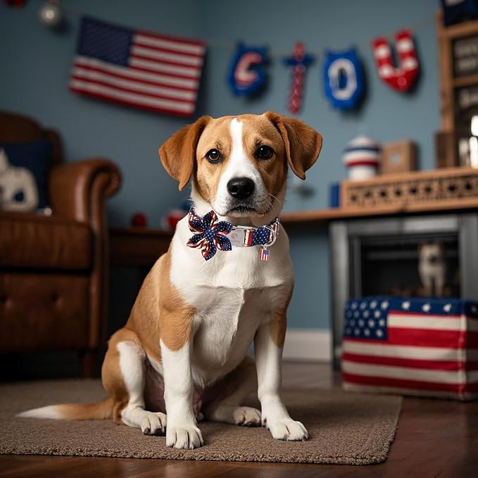 DOGWONG Ameirican Flag Dog Collar with Flower - Independence Flower Dog Collars, Adjustable Patriotic Pet Collars 4th of July Dog Collar for Small Medium Large Dogs