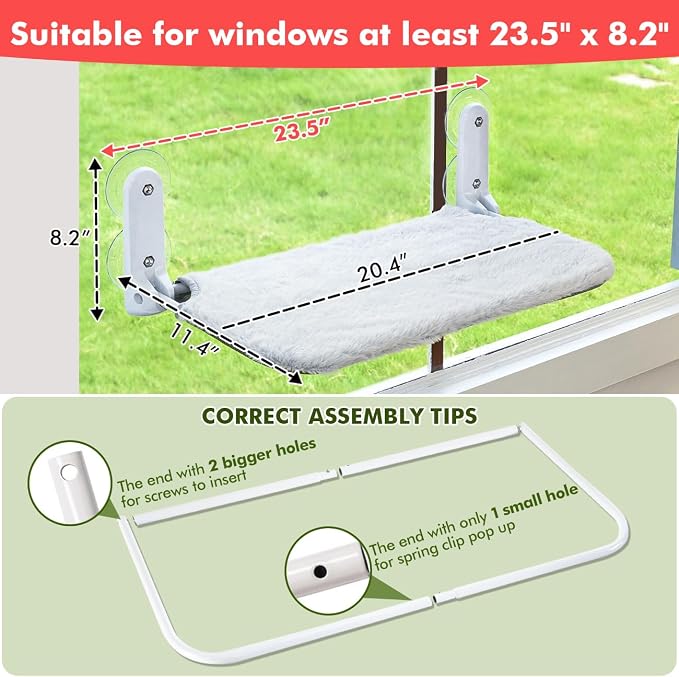 Zoratoo 2PC Cat Window Perch, Foldable & Cordless with Metal Frame, M Gray | 2-in-1 Reversible Cover, Removable for Machine Wash, Stable Window Resting Seat with Large Suction Cups for Indoor Cats