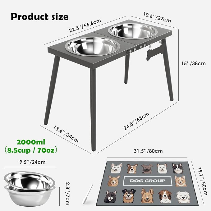 ADENGL Elevated Dog Bowls for Large Extra Large Pet, Raised Dog Bowl Stand with Sprill Proof Mat and Bowls (2000ml/70oz), Pet Food & Water Bowl 15.5" Tall Dogs Feeder for Extra Large Breed, Grey