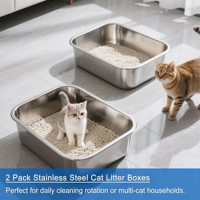 2 Pack Stainless Steel Cat Litter Box Large Metal Litter Pan Tray High Sided Cat Box, Pet Toilet Supplies for Indoor Cats Kitten Rabbit - Non Stick, No Smell, Easy to Clean - 17.72x13.78x5.91 Inch