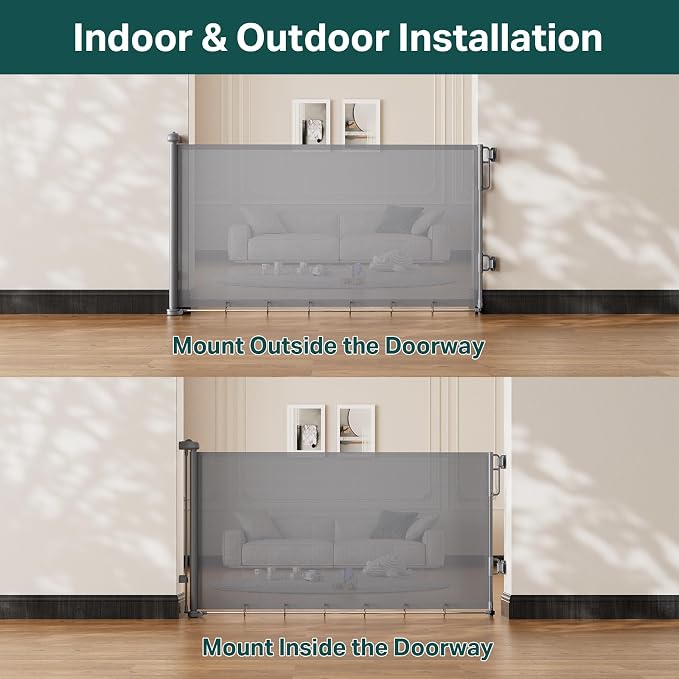 Cumbor 27-40" Retractable Baby Gates for Stairs & Doorways, Hardware Mounted Mesh Dog & Pet Gate, Easy Walk Through, One-Hand Operation, Anti-Crawl Adjustable Safety Gate for Dog, Indoor Outdoor Grey