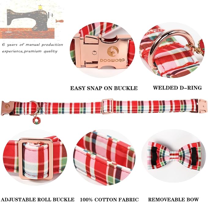 DOGWONG Christmas Dog Collar with Bow Tie - Christmas Red Plaid Puppy Collar, Adjustable Red Checkered Dog Collars for Girl Boy Dogs, XL