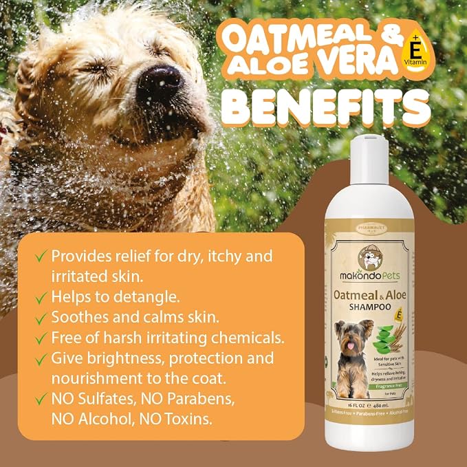 Oatmeal Shampoo for Dogs with Aloe Vera. Mild for Sensitive Skin. 16 Oz | Hypoallergenic ideal for Allergies and Itching. Fragrance Free Puppy Shampoo. All Breeds and Ages.