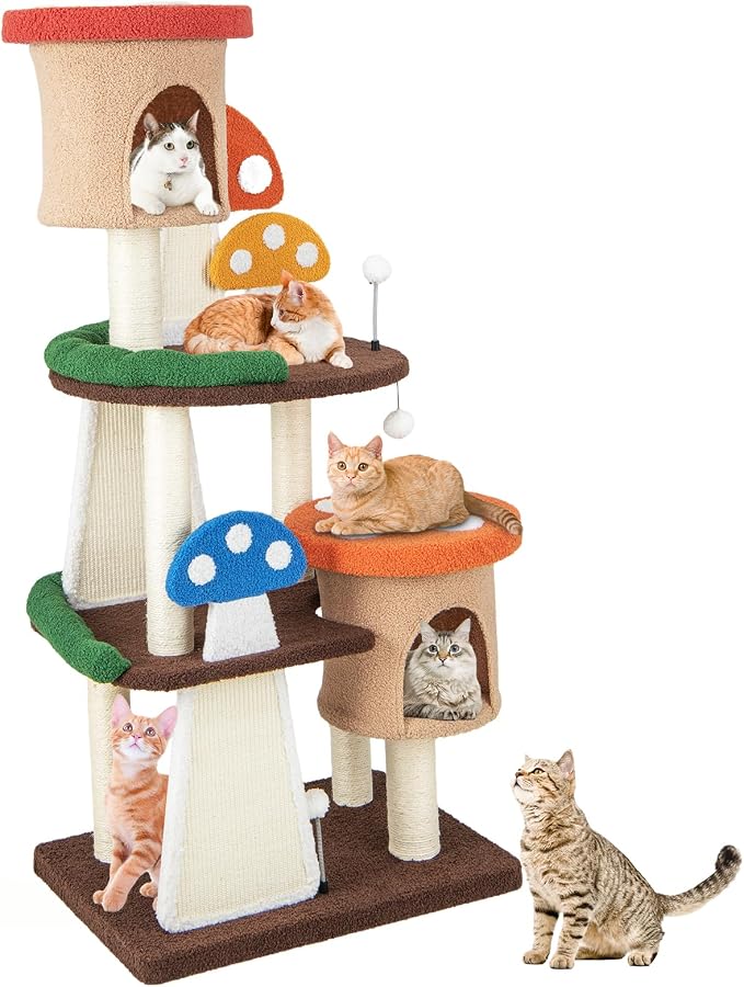 PETSITE Mushroom Cat Tree, 57.5 Inches Tall Multi-Level Cat Tower with Natural Sisal Scratching Posts & Boards, Cat Condo and Teasing Spring Ball, Cute Cat Tree Tower for Indoor Cats Large Adult