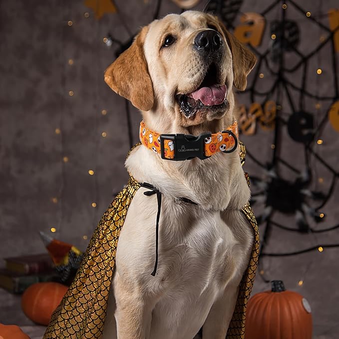 ARING PET Halloween Dog Collar, Cute Orange Ghost Pumpkin Leaves Cotton Lightweight Pet Collars with Quick Release Buckle for Puppy Small Medium Large Boy Girl Dogs-XS