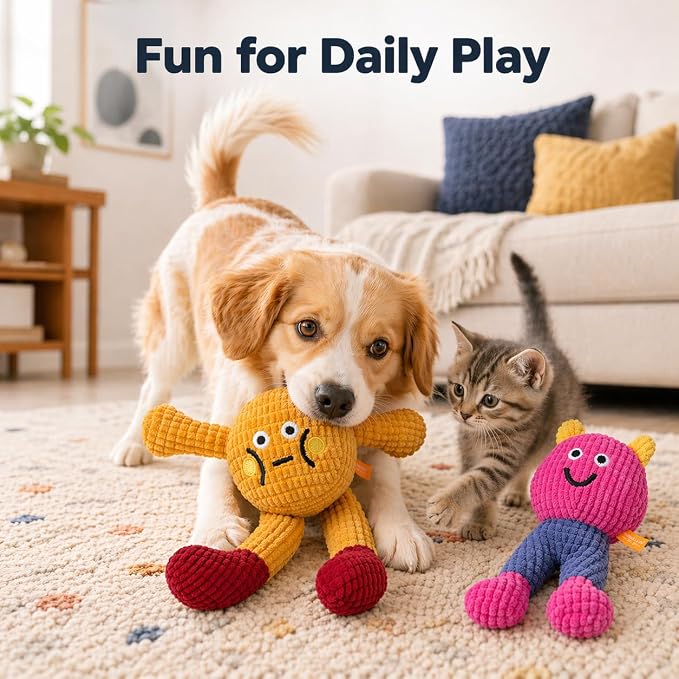 waithem Cat&Dog Chew Toys with Catnip Inside, Ecofriendly Material Made, Crinkle Paper & Squeaky Ball Inside, Waffle and Baby Toy Combination Packaging, Cuddles Meow Chompclean, 2 Pack (Yellow&Pink)