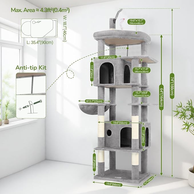 Globlazer F74B Cat Tree for Indoor Cats Large Adult, Multi-Cat, Light Grey | Easy Setup, 74in Tall Tower, Oversized Top Perch, 2 Large Condos, Hanging Basket, 5 Sisal Scratching Posts, Anti-Topple Strap