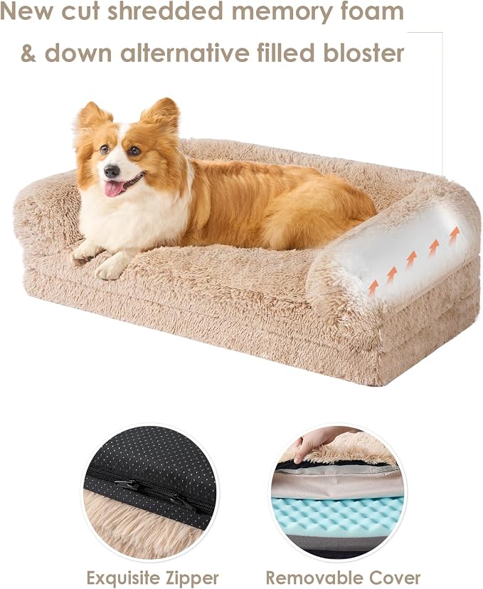 EHEYCIGA Foldable XXL Dog Bed for Large Sized Dog, 54"x38"x7.5" Faux Fur Fluffy Pet Couch Bed, Orthopedic Calming Memory Foam Big Pet Bed, Washable Pet Sofa Bed with Non-Slip Bottom, Camel