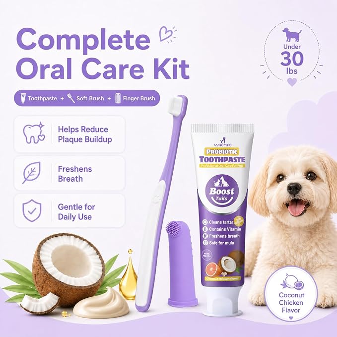 Small Dog Toothbrush Kit, 2.5oz Toothpaste & Finger Brush | Gentle Small Dog Care. Soft Brush Comfort. Finger-Fit Control. Coconut Chicken Flavor. Daily Routine.