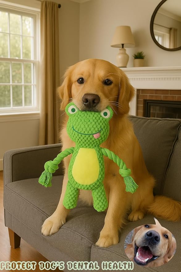 Cotton Rope Squeaky Dog Toy with Crinkle Paper – Interactive Plush Chew Toy for Small & Medium Puppies, Frog Design